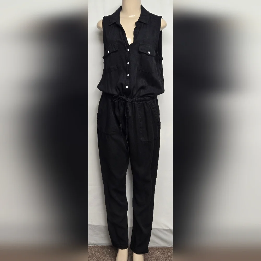 Velvet Heart L Jumpsuit Black Tencel Sleeveless Button Down Elastic Drawstring - Picture 6 of 8